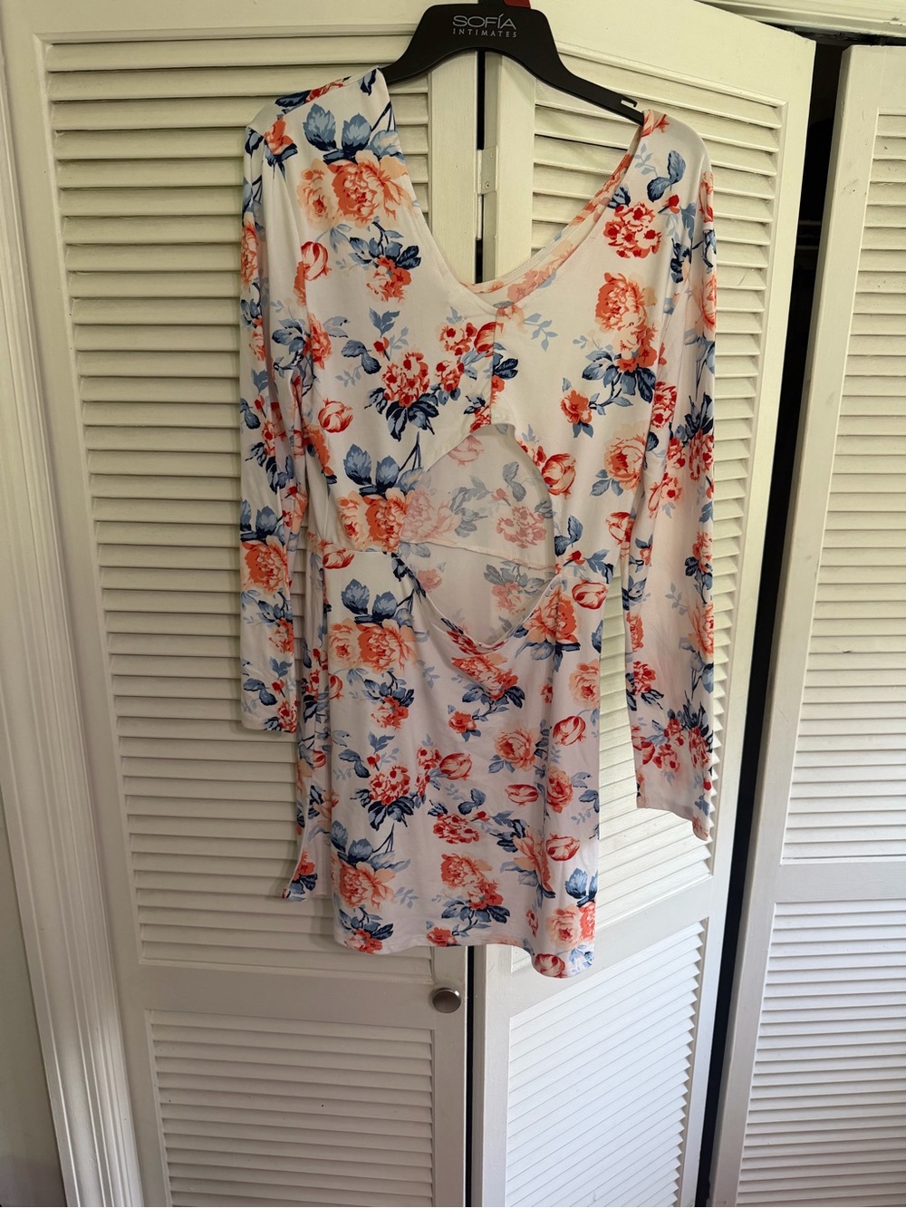 Floral V-Neck Long Sleeve Mini Dress - White with Coral & Blue Flowers